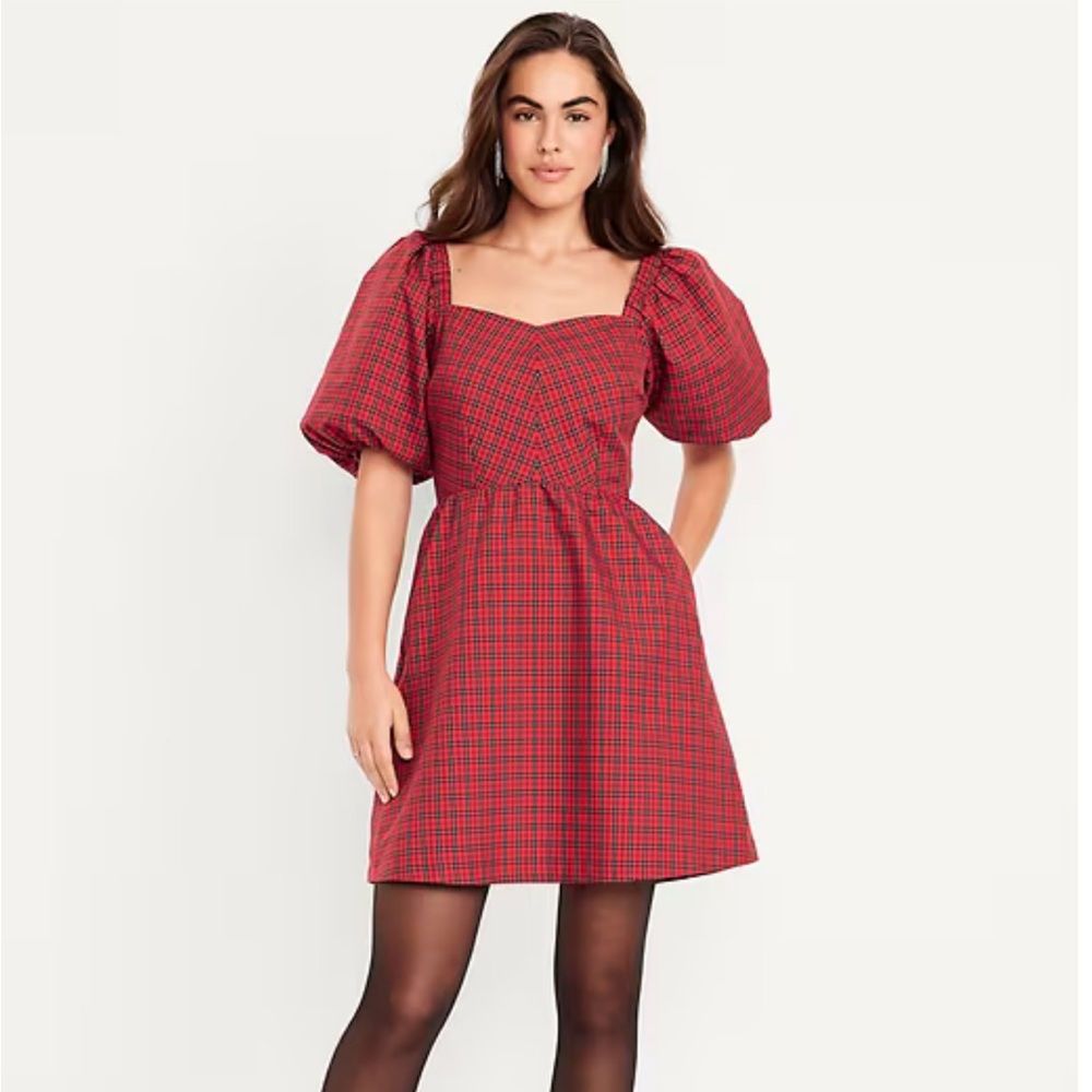 Old Navy Red Rattan Checkered Puff Sleeve Mini Dress